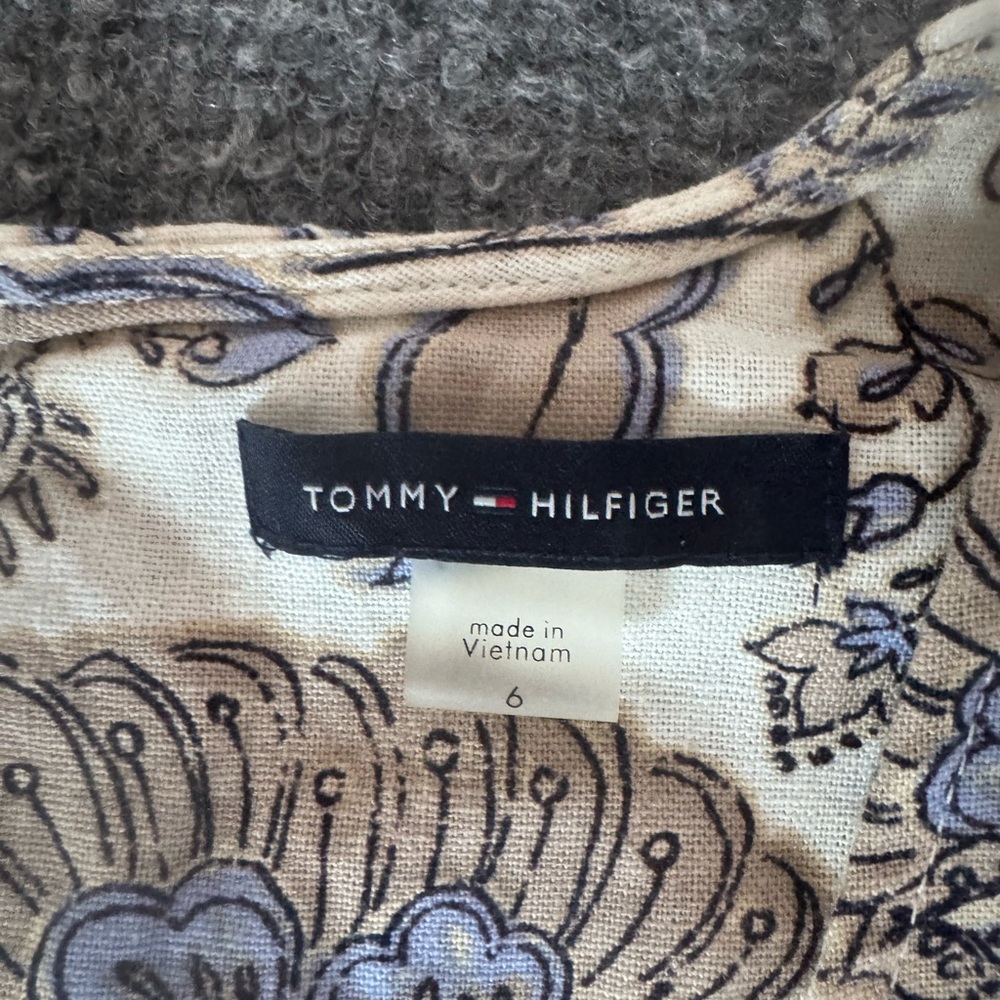 TOMMY HILFIGER Women’s 6 Linen Blend Sleeveless Dress Ruffle Hem Beige/Blues - Picture 13 of 14
